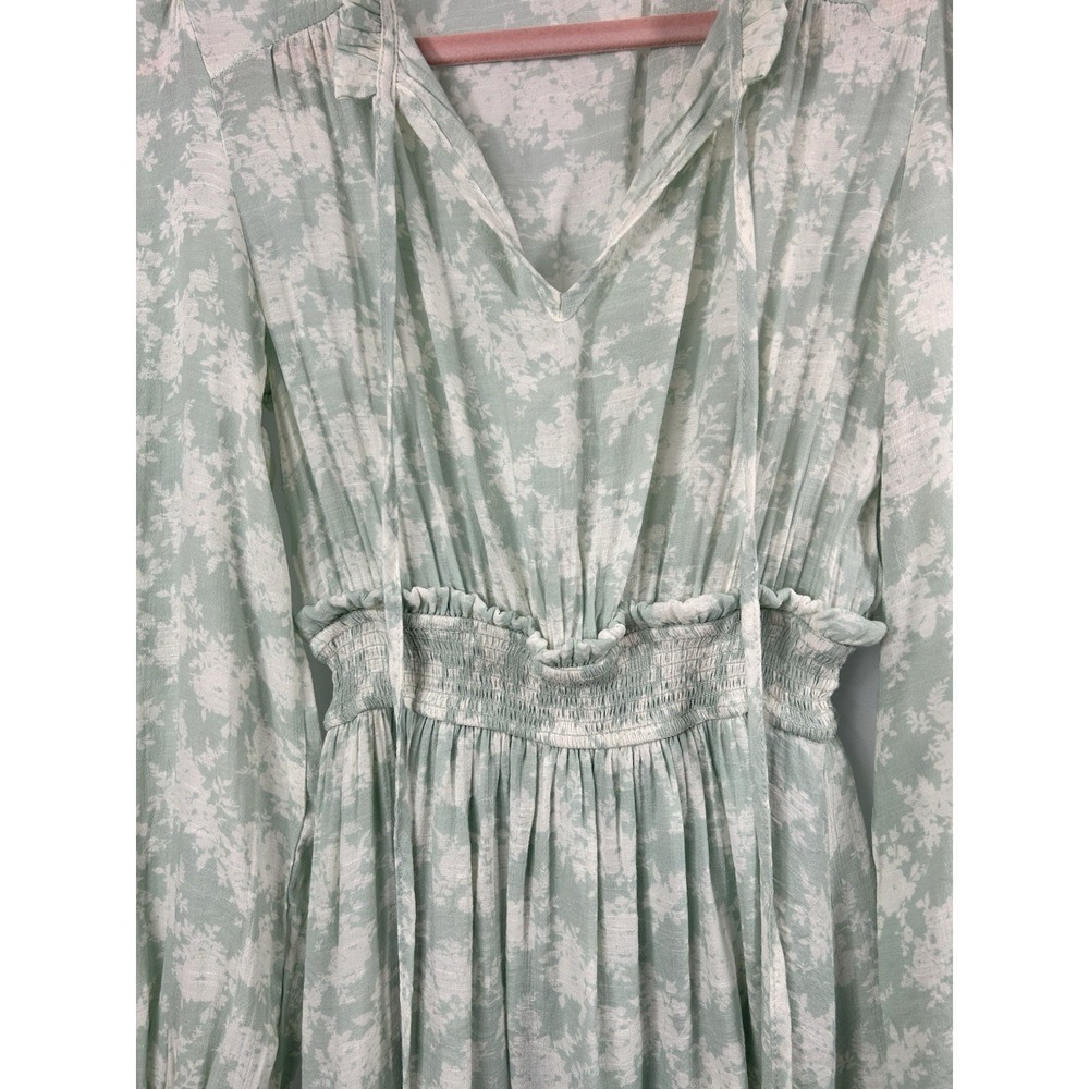 Blu Pepper Sage Green Floral Mini Dress Medium Cottagecore Boho Ruffle Smocked - Picture 3 of 10